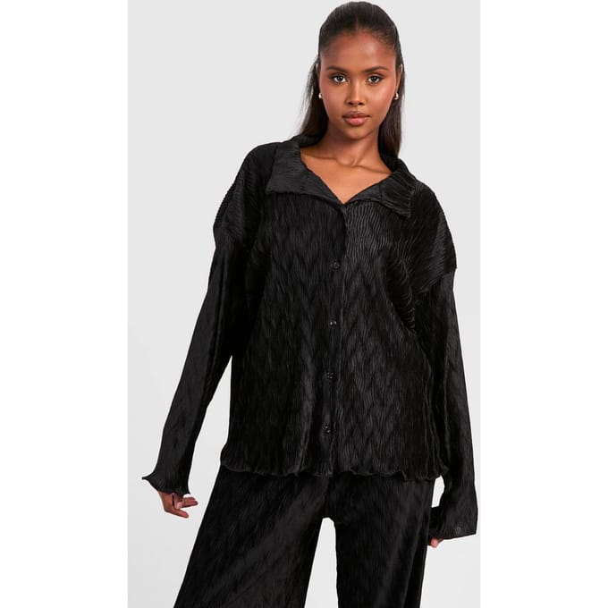 boohoo Dames Wave Plisse Relaxed Fit Shirt | Zwart | Maat: 34