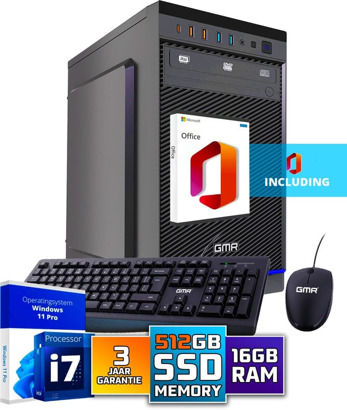 Intel Ultra Compleet Desktop PC | Intel Core i7 | 16 GB RAM | 512GB SSD M.2 | DVD+RW | Windows 11 Pro | Business Office Multimedia Computer | Inclusief Muis & Toetsenbord en Microsoft Office!