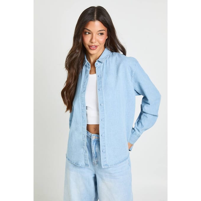 boohoo Dames Chambray Oversized Blouse Met Ballonmouwen | Licht Gebleekt | Maat: 40