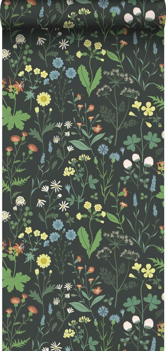 ESTAhome behang veldbloemen multicolor op zwart - 53 cm x 10.05 m - 139392