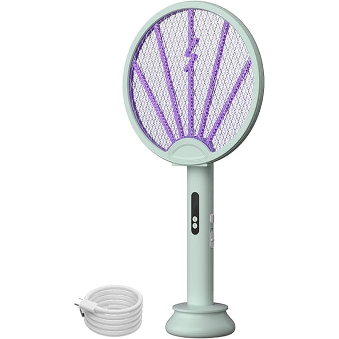Elektrische Vliegenmepper Racket, 2-in-1 Intelligente Insectendoder met USB Oplaadbare Basis, Opvouwbare Insect groen
