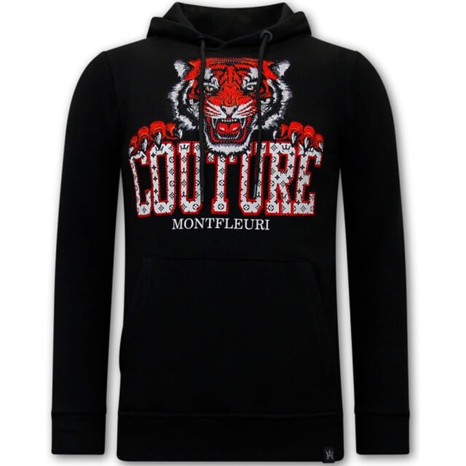Heren Hoodie met Print - Tiger Head - 3679 - Zwart