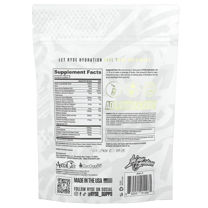 RYSE, Hydratation, Mélange pour boisson électrolytique portable, Citron vert, 16 unités, 6,7 g (0,24 oz) Chaque