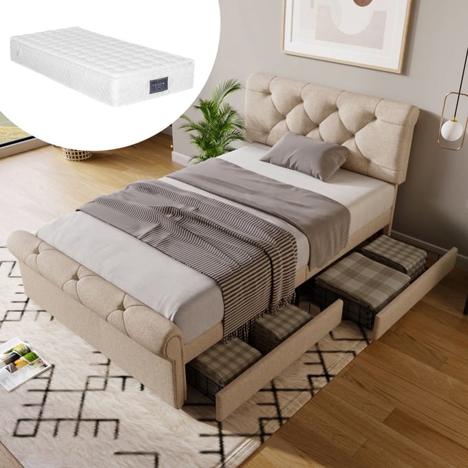 REDOM Bedframe 90x200 cm – Linnen naturel – Met 2 lades, verstelbare hoofdsteun & 7-zone matras – Compleet