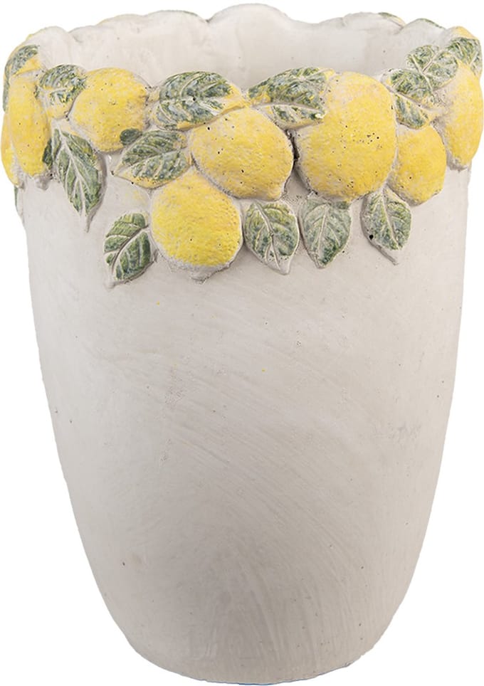 Clayre & Eef Bloempot Ø 17x23 cm Wit Geel Steen Citroenen
