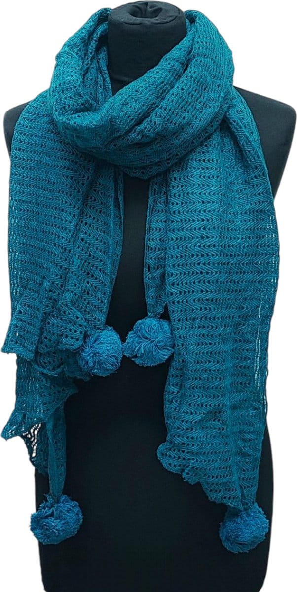 Lange Gebreide Sjaal - Pompon - Petrol - 200 x 65 cm (4637)