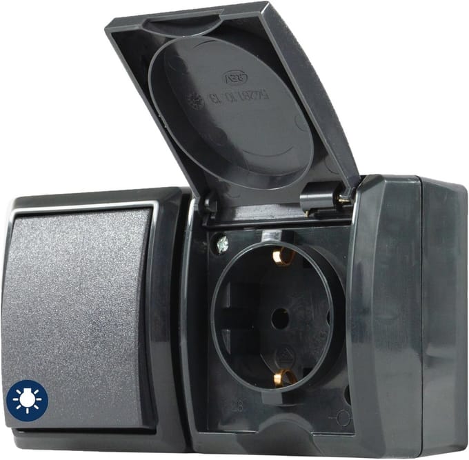 Stopcontact met Schakelcombi IP44 - Waterdicht, Tweepolig, Antraciet