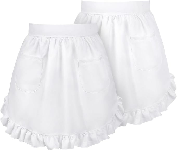 2x Wit Taille Schort met Zakken voor Dames - Serveerster Keuken Schort met Ruches