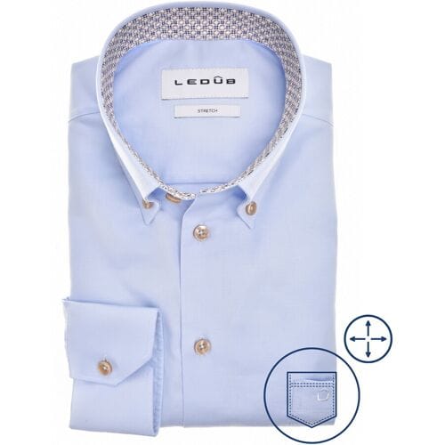 Ledûb Overhemd Uni Color Cotton Stretch Lichtblauw-Zand / male
