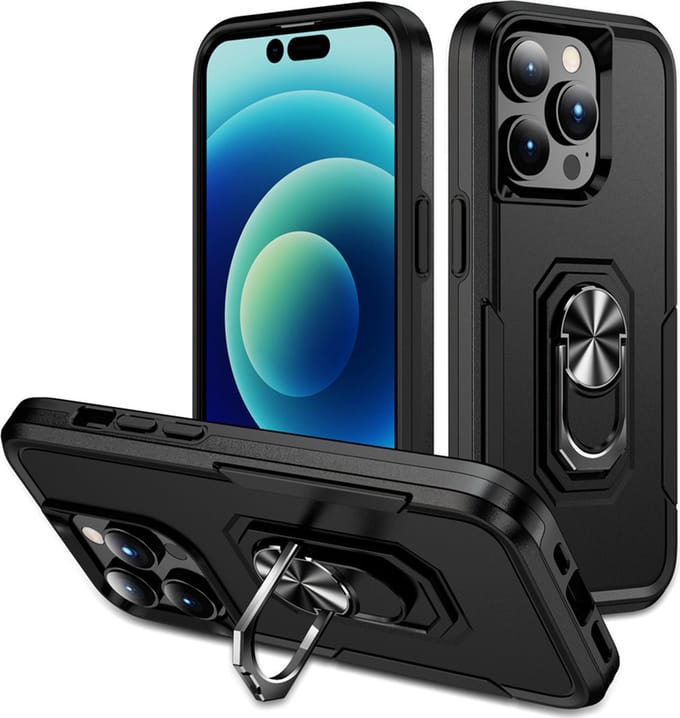 Lunso - Geschikt voor iPhone 15 Pro Max - Armor backcover hoes met ringhouder - Zwart