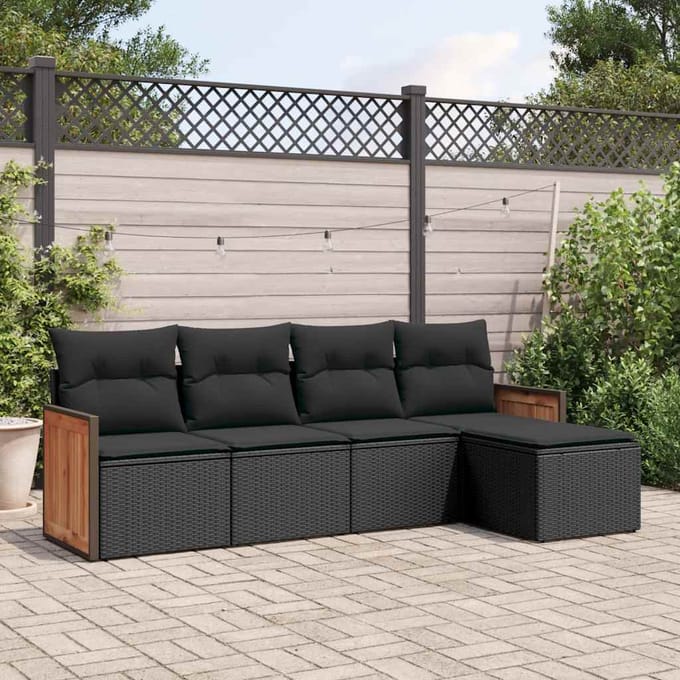 vidaXL - 5-delige - Loungeset - met - kussens - poly - rattan - zwart