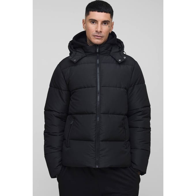 Tall Regular Fit Hooded Matte Puffer Jacket in Black | Size Medium