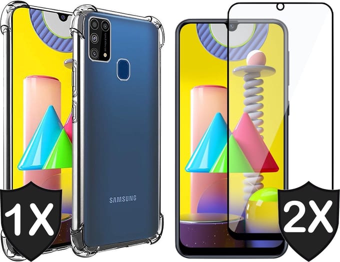 Hoesje geschikt voor Samsung Galaxy M31 - 2x Screen Protector FullGuard - Back Cover Case ShockGuard Transparant & Screenprotector