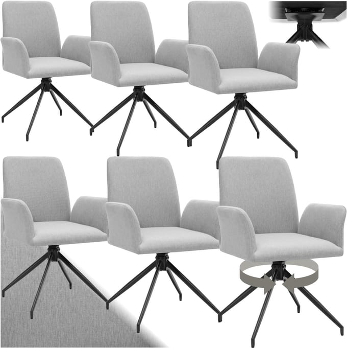 tectake® Draaistoel Daya - Set van 6 Draaifauteuils met Armleuning - 360° Draaibare Eetkamerstoel - Draaibare Fauteuils - Gestoffeerd - Draagkracht 150kg - Lightgrijs