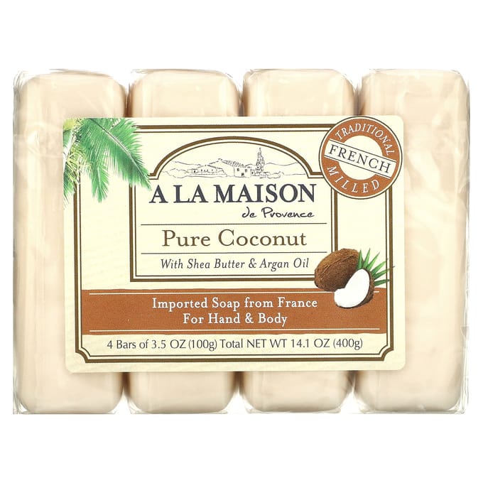 A La Maison de Provence, Savon en barre pour les mains et le corps, Noix de coco pure, 4 paquets, 3,5 oz chacun beige