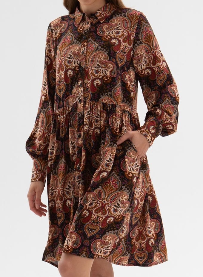 Starry Indigo - Dames Korte jurk van viscose met kraag | Bruin | Maat 36/S