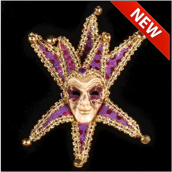 Broche Venetiaans miniatuur masker '''Grinn'' Paars