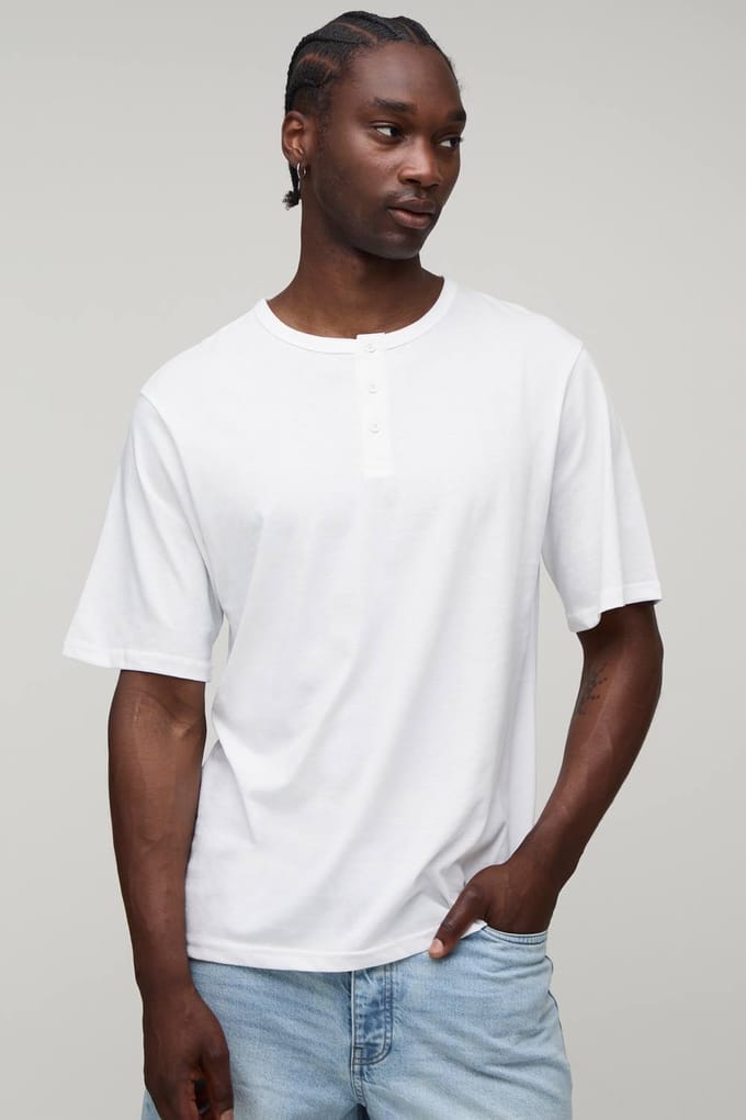 Lang Essentieel Regular Fit Henley T-shirt | White | Size Medium