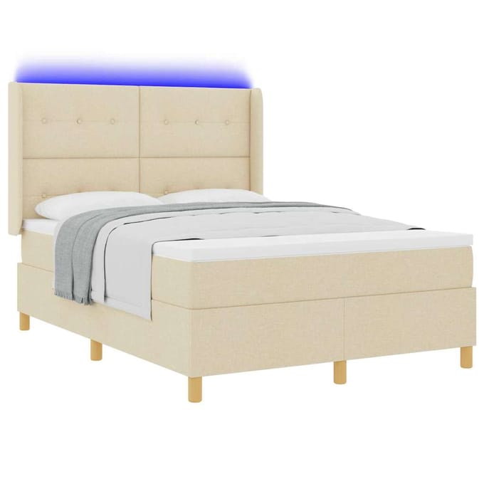 vidaXL - Boxspring - bed - met - LED-stripverlichting - Crème - 160 - x - 200 - cm - Stof