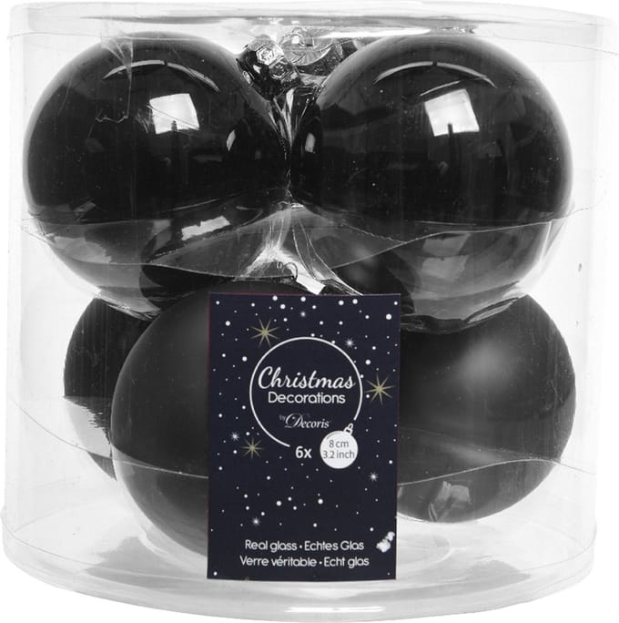 Decoris Kerstballen - 6x stuks - zwart - D8 cm - glas - glans en mat - kerstversiering - Kerstboomversiering
