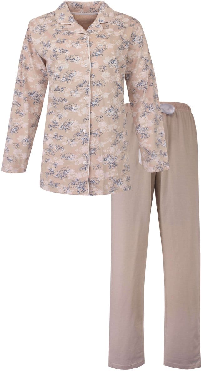 Tenderness Dames Pyjama - Lange Mouwen - Katoen - Doorknoop - Beige - Maat S
