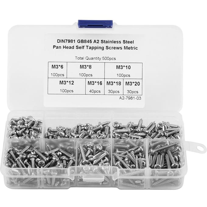 Assortiment van 500 stuks M3 kruiskopschroeven met zelftappende kop, roestvrij staal 304