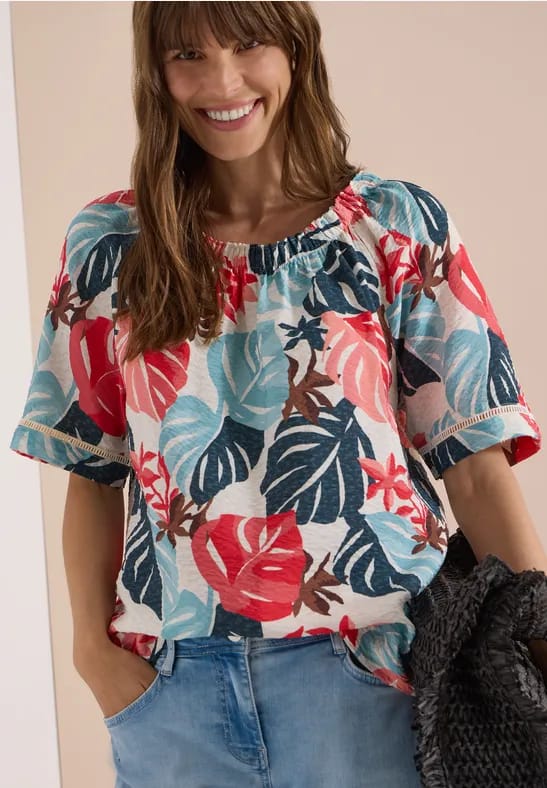 Carmen blouse met korte mouwen en bladprint
