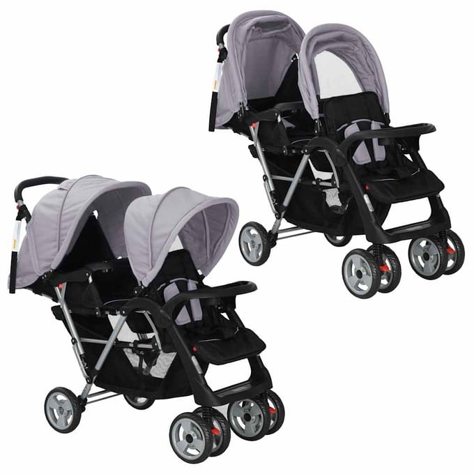 vidaXL - Kinderwagen - dubbel - staal - grijs - en - zwart