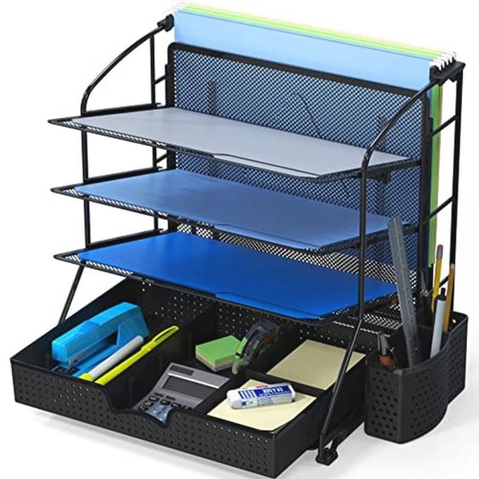 Desktop Document Tray Organizer met Schuiflade en Caddy - Zwart