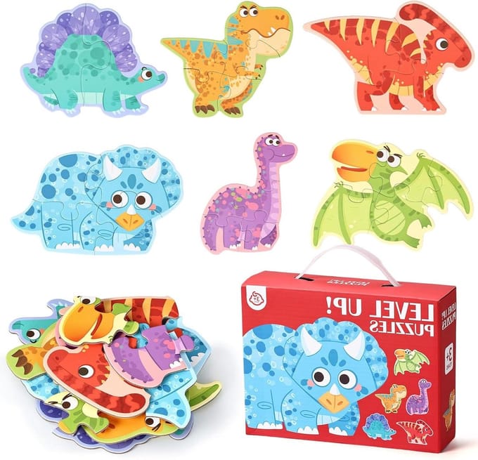 Kinderpuzzel Dinosaurus - Legpuzzel Set - Educatief Spel - Draagbare Doos - 6 Afbeeldingen - Multicolor