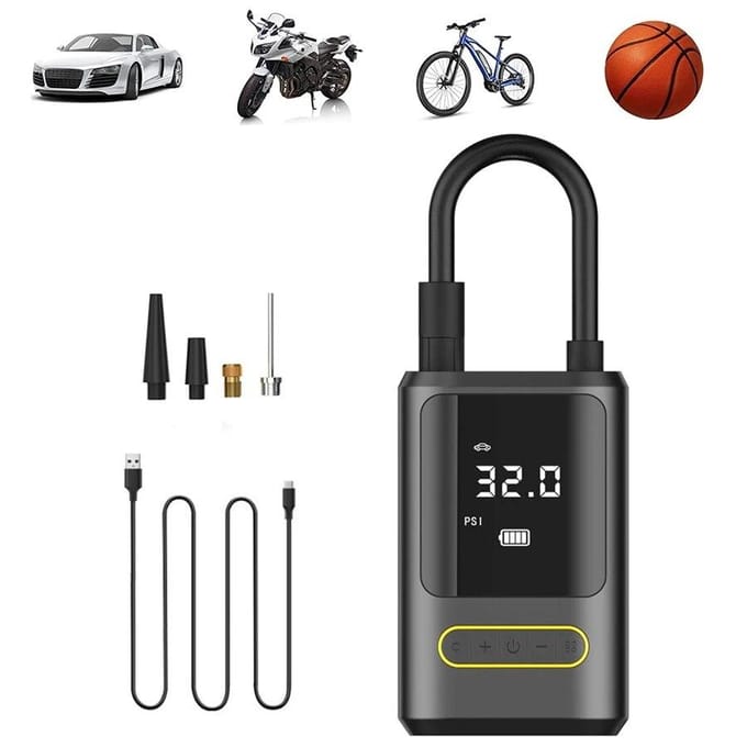 Draagbare fiets- en motorfietsbandenpomp, multifunctionele 150PSI mini-automatische opblaasbare luchtpomp, USB-type-C, oplaadbare 4000mA-bandenluchtcompressor