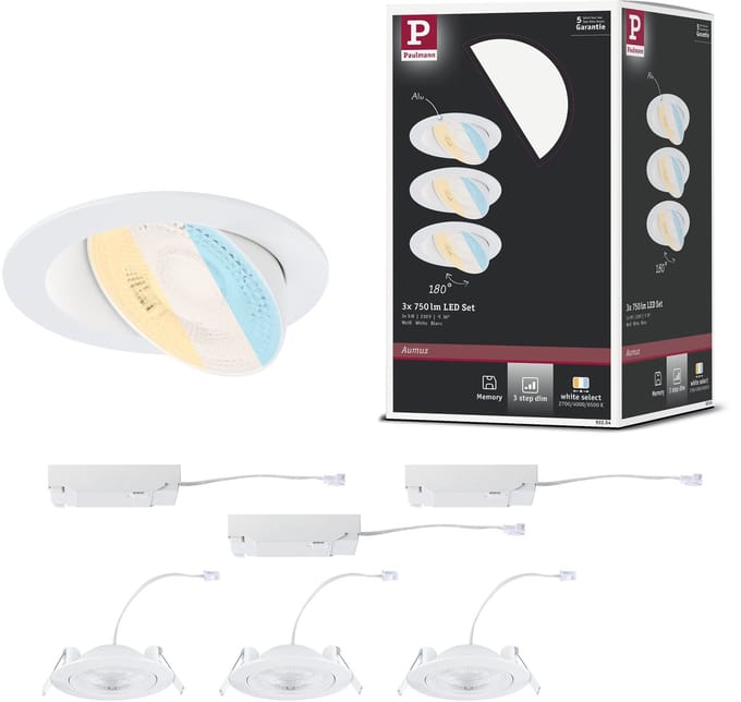 LED-inbouwlamp White Select Aumus Set van 3 rond 105 mm 90° 3x5W 3x700lm 230V dimbaar White Select Wit