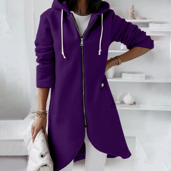 Casual losse, lange gewatteerde sweatshirtjas met rits en capuchon voor dames S paars