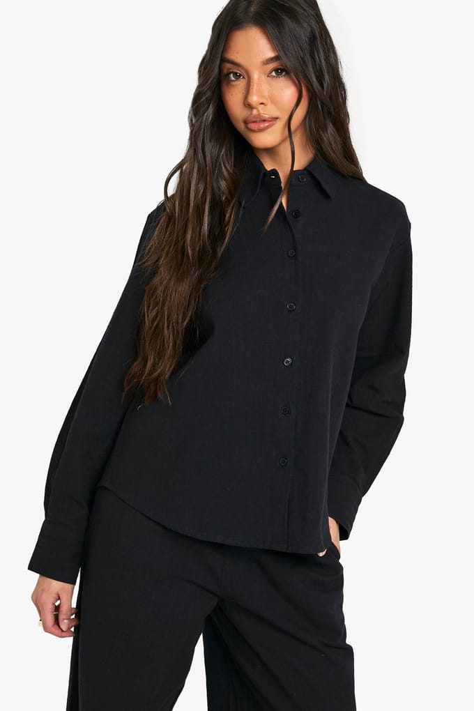 boohoo Dames Linnen Look Oversized Shirt | Zwart | Maat: 36