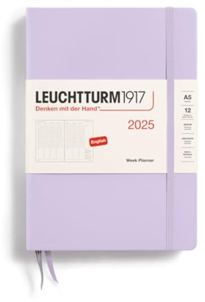 Weekplanner 2025, medium A5 hardcover - 12-maands-kalender, gelinieerd, lila, Engels