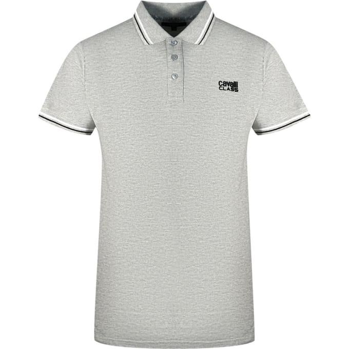 Cavalli Class Dubbel Getippte Kraag Zwart Logo Grijze Polo Shirt