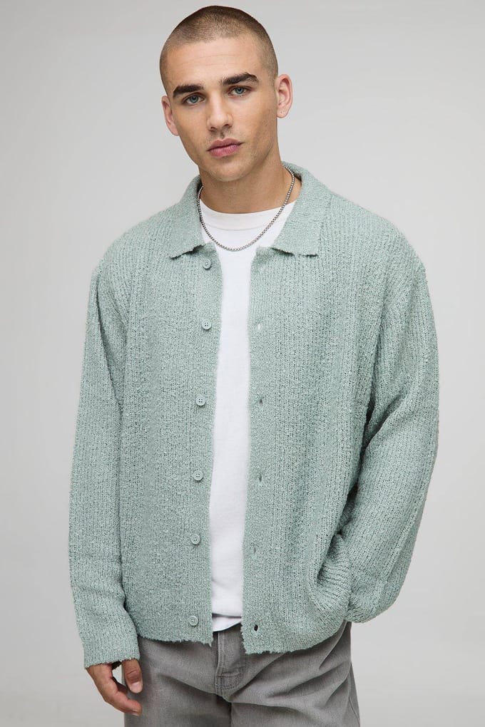 Boxy Fit Geborsteld Gebreid Shirt | Sage | Size Medium