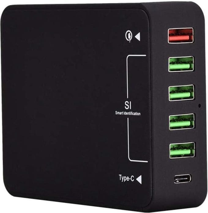 DrPhone WL3 - 6-poorten Wandoplader - 60W - USB-laadstation Hub & USB-C Input – Type-C Lader - SmartIC Technologie- Zwart