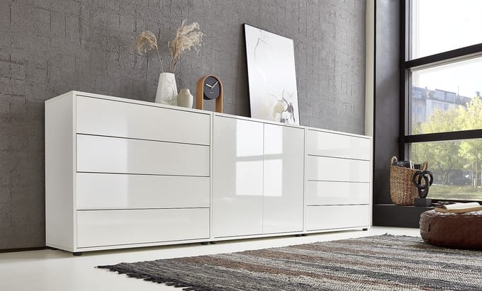 Dailygoods - Dressoir Milaan Set 4 - Hoogglans Wit, 4 Deuren, 8 Lades