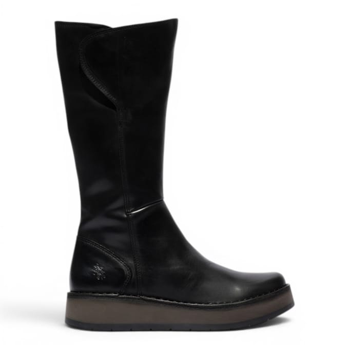 Fly London Dames Zwarte Leren High Pull On lange laarzen - RHEA042