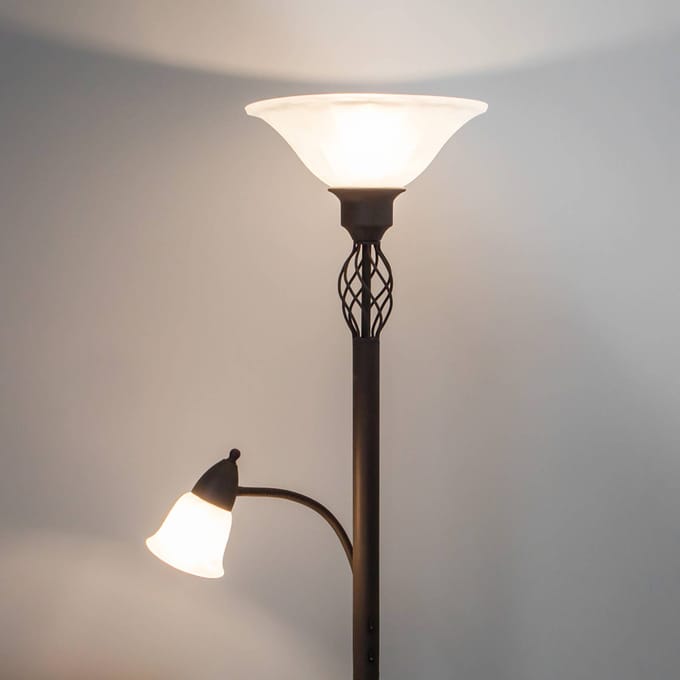 Lucande - vloerlamp - 2lichts - Metaal, glas - H: 180 cm - E27 - roestbruin, wit albast