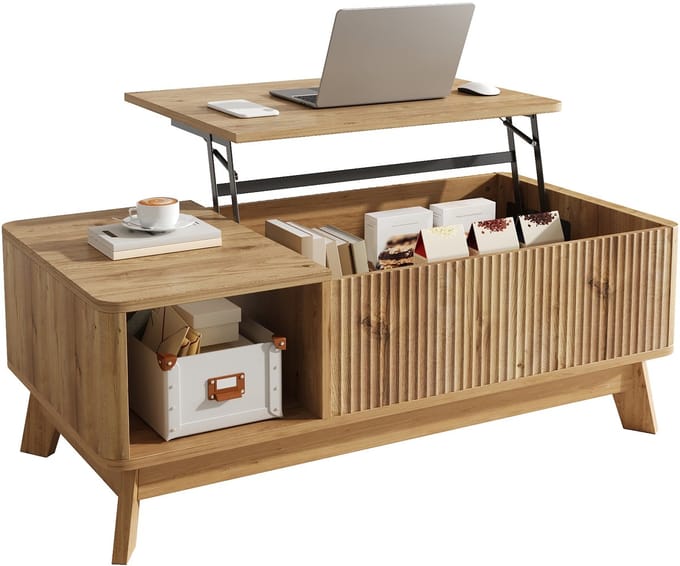 Salontafel - Met Liftfunctie En Open Zijvak - Golfontwerp - MDF - Houtkleur