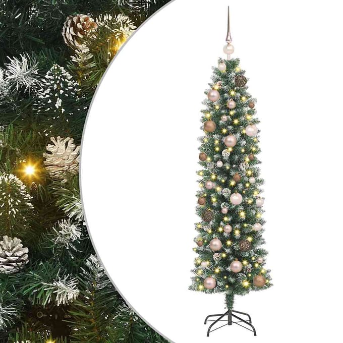 vidaXL Kunstmatige slanke kerstboom Groen en Wit 150 cm