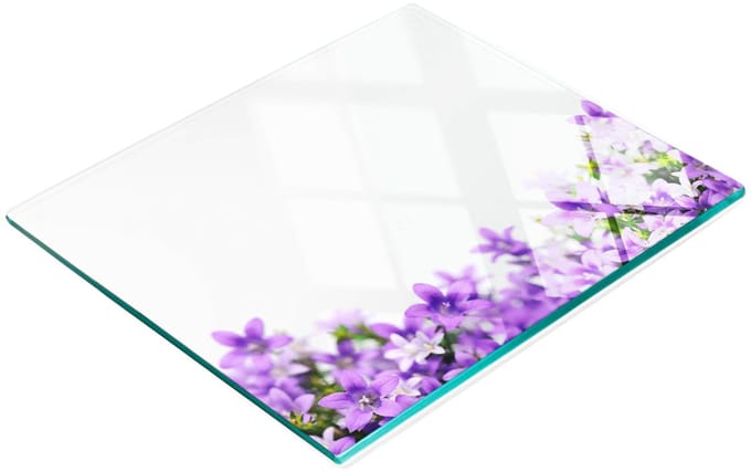 Decoratieve snijplank van gehard glas met paarse belletjes, 60x52 cm
