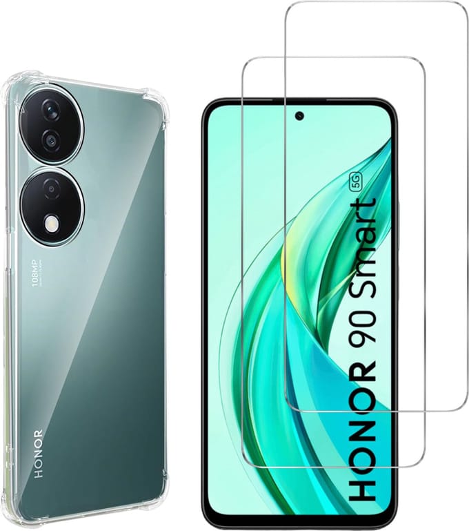 Hoesje voor Honor 90 Smart 5G backcover Shockproof siliconen Transparant en 2 stuks Screenprotector Gehard Glas