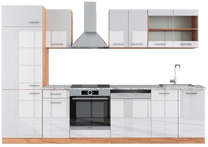 Vicco R-Line Complete keukeneenheid – 300 cm, WB Marmer Wit hoogglans/goud power eiken