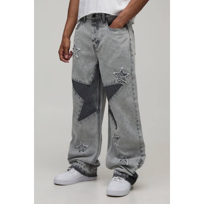 Relaxed Fit Jeans Met Ster Patchwork | Light Grey | Size 34R
