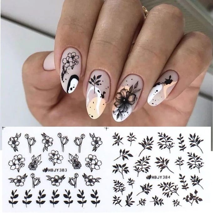 Autocollants pour ongles noirs, feuille de fleur, curseur 3D, décalcomanies pour ongles, Design DIY, conseils de manucure brown