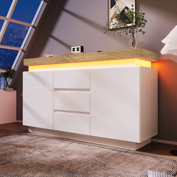 Commode 5 Lades Wit Hoogglans 81x140x39 cm - 2-Deurs LED App Gestuurd Multifunctioneel