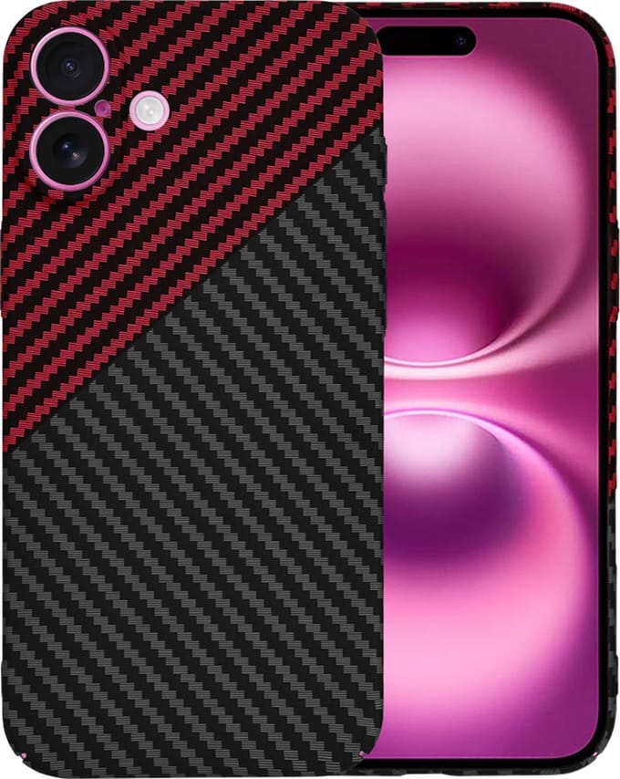 Hoesje geschikt voor Apple iPhone 16 Plus - Techsuit Carbonite FiberShell Carbon Back Cover - Rood/Zwart